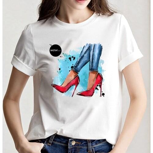 Red High Heels Shoes Print Women T-shirt Short Sleeve Vogue Tee Shirt Female Harajuku Tops Tee 90s Ladies Summer Loose Clothes