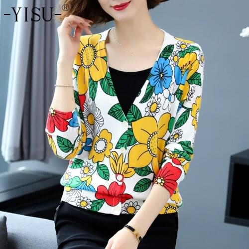 YISU Cardigan Women Autumn Winter V neck Long Sleeve Sweaters Coat Casual Fashion Cartoon flower print Sweaters Cardigan Women