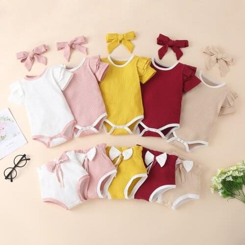 FOCUSNORM 0-24M Newborn Baby Girl Clothes Sets 3pcs Solid Short Sleeve Bodysuit Tops Bow Shorts Headband