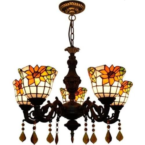 5 Heads Tiffany Pendant Light for Restaurant Foyer Dining Room Bar European Pastoral Flowers Glass Pendant Light 1203