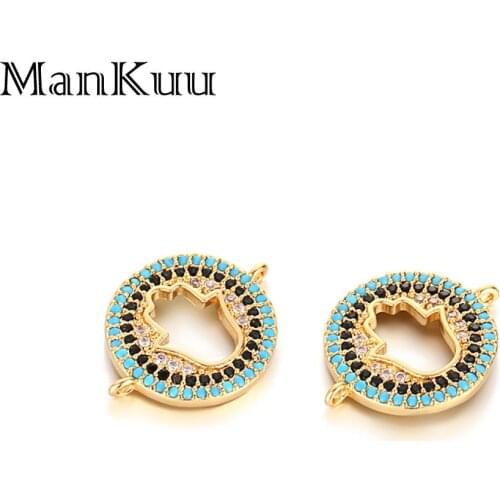 Mankuu Cubic Zircon Hamsa Hand Connectors Gold Plating Hollow Round Black Blue Rhinestone Connectors Charms For Jewelry Making