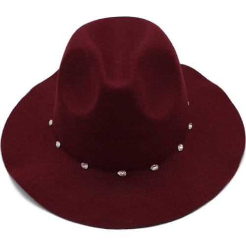 Fashion Claret Hat women jazz Fedora Hats with Diamond Wide Brim panama Trilby cap headgear chapeau for female ladies