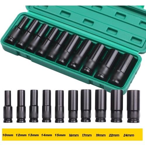 1/2Inch Drive Hex Impact Socket Set 10-Piece Deep Socket Metric Sizes 10-24mm Carbon Steel with Hard Storage Box