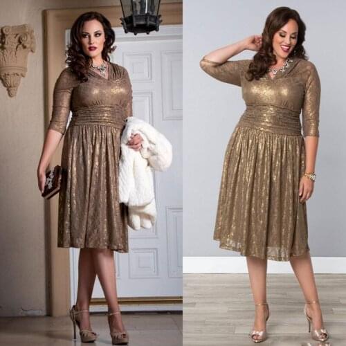 Cheap Gold Lace Plus Size Special Occasion Dresses Sheer Sleeves Tea Length Elegant Shining Champagne Prom Evening Gowns With V
