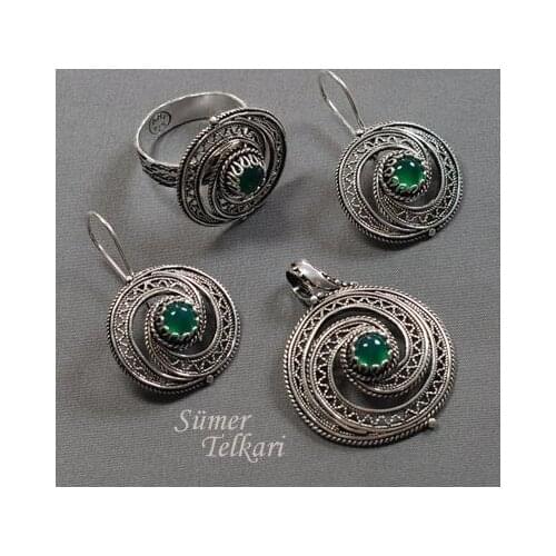 Jade Stone Snail Silver Filigree Set 532Hand Made Silver Jewellery Set