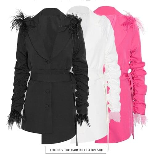2021 early spring new feather temperament wrinkled ostrich hair decoration waist irregular LAPEL SUIT dress