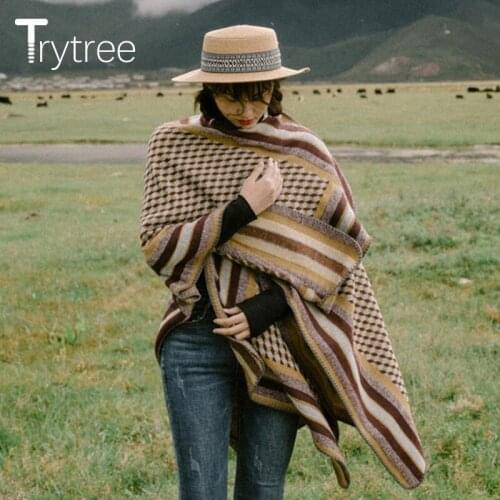 Trytree 2021 Autumn Winter Casual Women Scarf Warm Thick Plaid Holiday Knitted Shawl Fashion Ethnic Style Lady Long Poncho