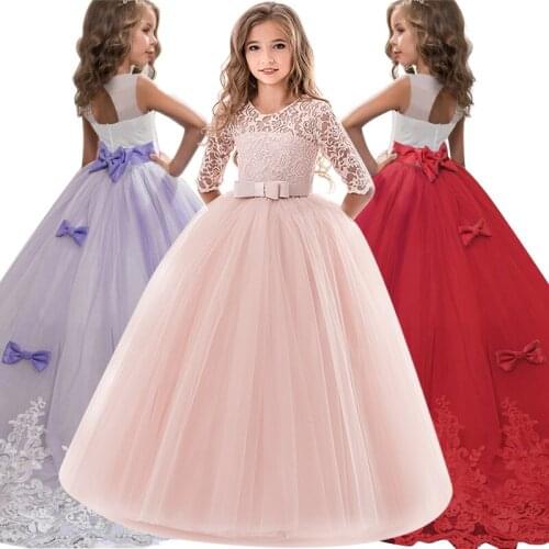Christmas Lace Flower Girls Dress Formal Party Princess Costume Elegant Long Prom Gowns Kids Dresses for Girls Size 6-14 Years