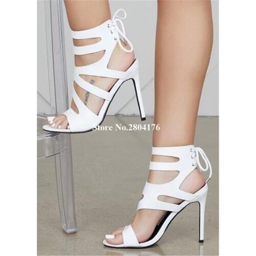 Newest Elegant Fashion Open Toe White Seude Leather Stiletto Heel Gladiator Sandals Lace-up Cut-out High Heel Sandals Heels