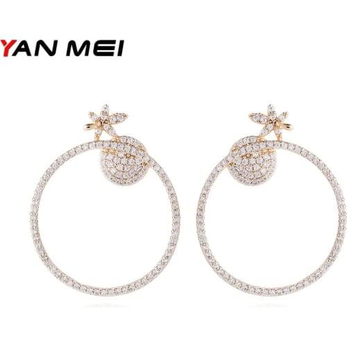 YANMEI Circle With Pineapple Stud Earrings CZ Fruit Statement Gold Silver Color Brincos Fashion Jewelry YME8050