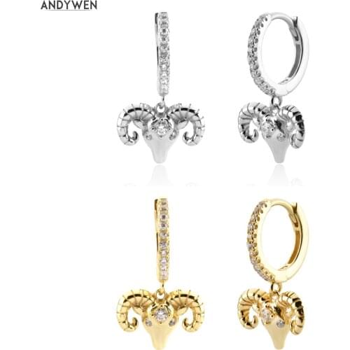 ANDYWEN 925 Sterling Silver Bulls Head Drop Earring Piercing Zircon Pave Pendiente Clips Women Round Large Fine Jewelry