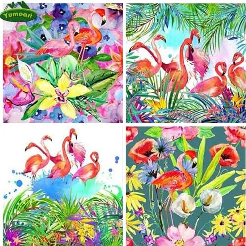 YUMEART Diy Diamond Painting Cross Stitch Flamingo and Green Plants Embroidery Diamond Mosaic Puzzles Birds Pictures Handicraft