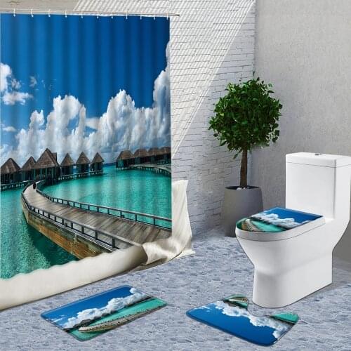 Seaside Pier Shower Curtain Set Green Ocean Scenery For Bathroom Decor Curtains Washable Fabric Flannel Mat Bath Things For Home