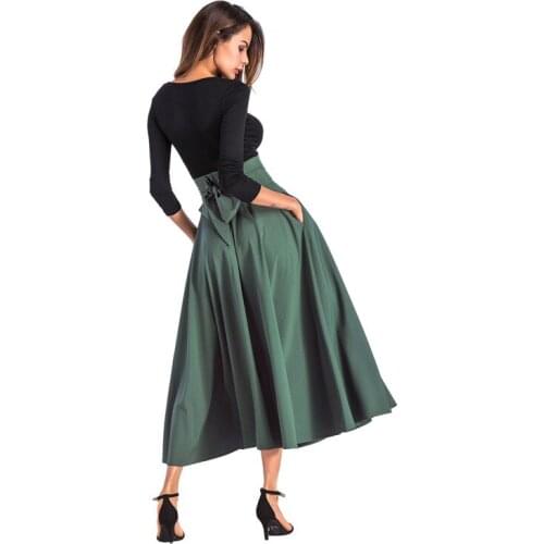 FNOCE womens skirts 2020 winter new fashion casual trends solid high waist lace up swing elegant slim Ankle-Length dress