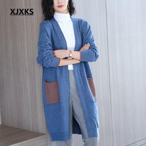 XJXKS 2020 autumn winter new fashion v-neck cashmere knitted long cardigan women sweater loose plus size women sweater coat