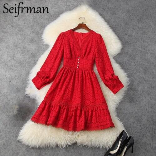 Seifrmann New 2021 Women Spring Fashion Runway Party A-Line Dress Lace Hollow Out Ruffles Lantern Sleeve Solid Print Short Dress