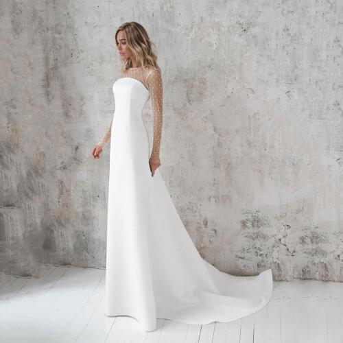 Elegant Satin Wedding Dress O-Neck Long Sleeves Hammer Pearls Bridal Gown Sweep Train Wedding Gowns with buttons Robe De Marie