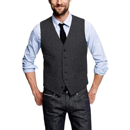 Black Tweed Waistcoat Mens Wool Vest Herringbone Slim Fit Collarless V- Neck Winter Gilet Chaleco Office Wear /Party