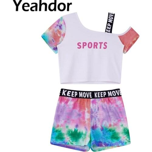 2Pcs Kids Girls Tie Dye Letters Print Sport Suit Casual Outfit Asymmetrical Shoulder Strap T-shirt and Shorts Set Tracksuit
