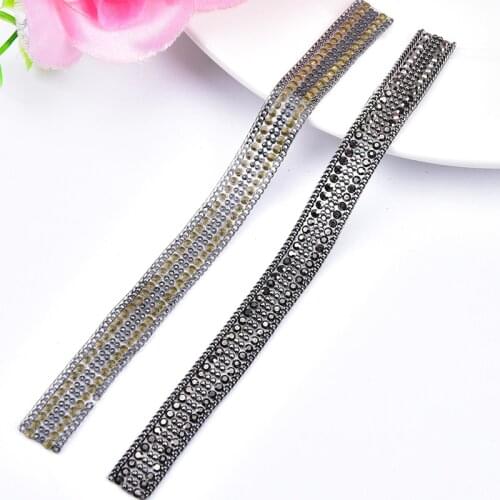 2 pcs/lot 15cm Length Hot Fix Rhinestone Crystal Tape Trim with Metal Chain Beaded Strass Applique for Garment Decoration