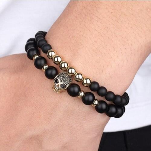 2pcs/lot 8mm skull gold silver copper cz zircon cubic zirconia beads Yoga Bracelet elastic adjustable Stone Bangles cfv234