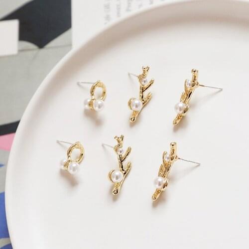 6pcs Korea Design Stud Earrings Metal Irregular hollow round twig shape pearl small diy jewelry earrings accessories material