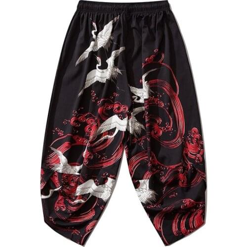 Asian Costume Kimono Pants Men Yukata Style Harajuku Cardigan Traditional Japanese Loose Crane Printed Trouser V2063