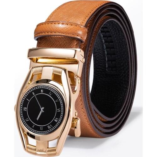 Hi-Tie Luxury Golden Watch Buckle Brown Leather Men Belt for Men Personality Designer Automatic Buckle Brand Male Strap 130cm