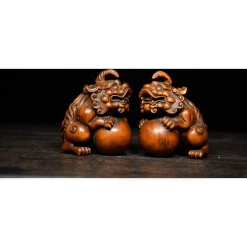 Home Decor 3" China Collection Old Boxwood Unicorn statue Guardian lion statue A pair Ward off evil spirits Town House