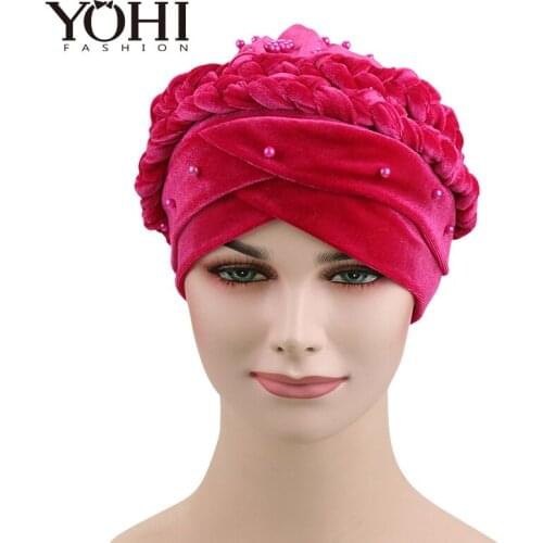 Hot selling Women Velvet braid bead Bandanas Headwear Cap Muslim Turban Hair Accessories Fashion Ladies Chemo Cap Free Shipping