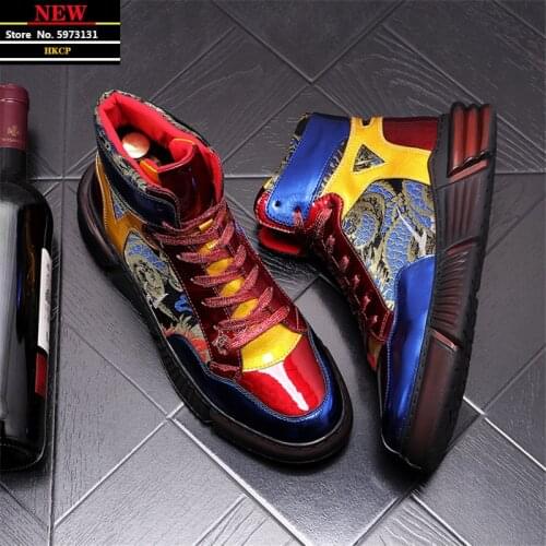 Korean Fashion Print Leather Men Casual Shoes Hip Hop High Tops Sneakers Winter Boots Zapatillas Hombre