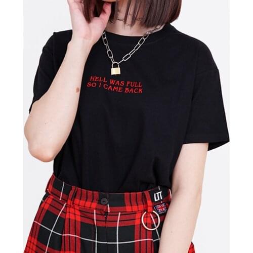 Summer Gothic T-shirt Womens Loose short sleeve Tee Female Aesthetic Harajuku Tops Hell Was Full So I Came Back Grunge Black Tee