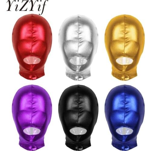 Unisex Latex Hood Mask Shiny Metallic Open Mouth Hole Headgear Headpiece Full Face Mask Hood Role Play Costume Latex Headgear