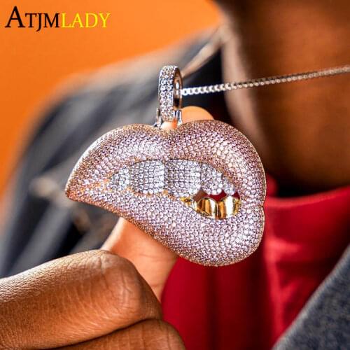 Micro Pave Clear Pink Cubic Zirconia Big Drip Lip Pendant Necklace For Women Hiphop Iced Out Bling 5mm CZ Tennis Chain Choker