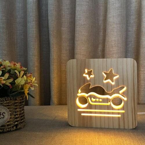 Motorcycle Solid Wood Carving 3D Night Lamp Led Creative Gift Wooden Headlights Christmas Lights Indoor
