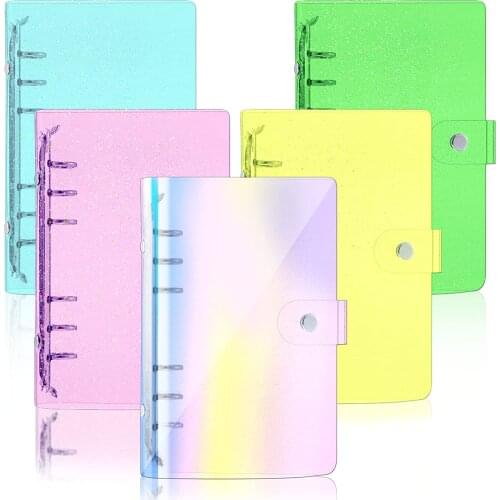 A6 Soft PVC 6-Ring Binder Cover with Glitter Rainbow Clear Transparent Notebook Cover Snap Button Closure Loose Leaf Folder