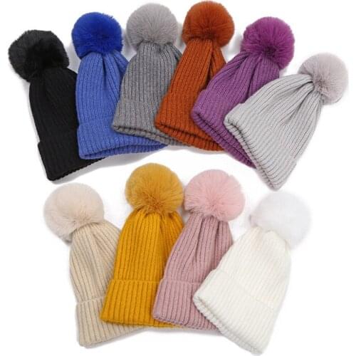 New Faux Fur Pompom Hat Winter Adult Hats Skullies Beanies Warm Caps Elasticity Knit Beanie Hats