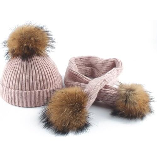 New Fashion Baby Beanies kids Pompon Hat Set Girl Winter 3 Real Fur Pom Pom Hat Baby Boy Cap Warm Knitted Baby Cap 1-5 Years Hat
