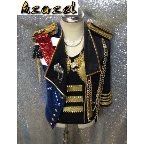 NEW Rivet Chain decoration Men black slim vest male singer DJ nightclub DS sleeveless Lapel Fashion personality Vests costume