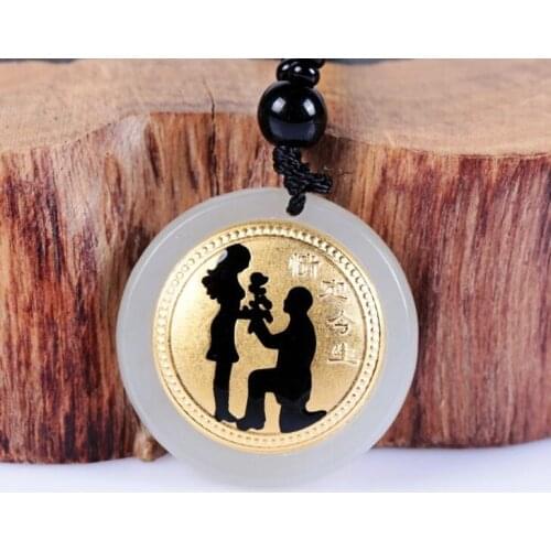 New gold inlaid jades natural Hotan jade inlaid 999 gold love this life pendant lucky birthday gift