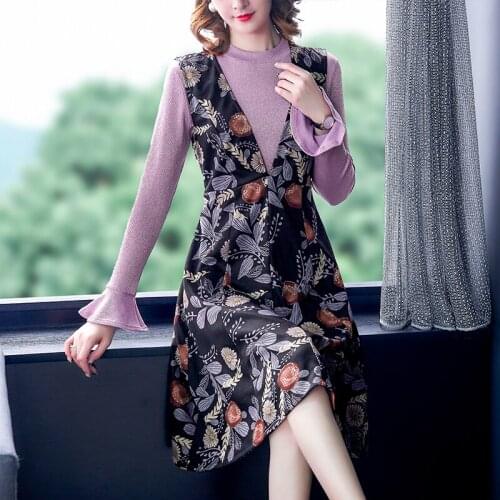 2021 Autumn Print Knitting Two Piece Suit Dress Winter Casual Vintage Plus Size Midi Dresses Women Elegant Bodycon Party Vestido