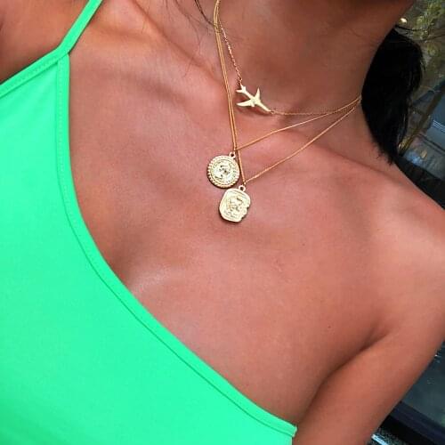 Vintage Fashion Gold Airplane Cncient Greek Head Coin Pendant Geometric Necklace For Women Collar Female Multilevel Jewelry Gift