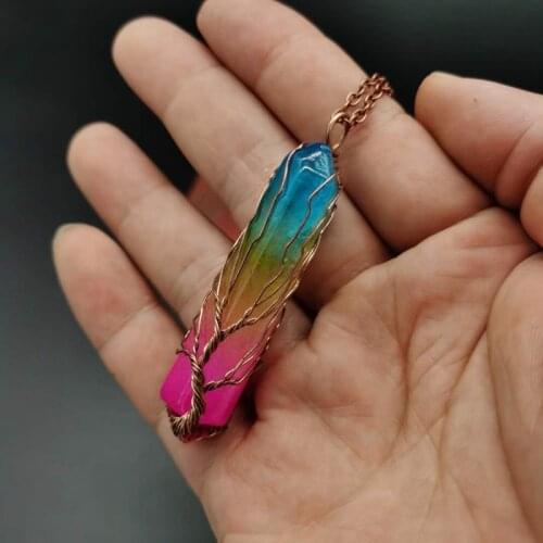 Reiki Natural Stone Tree of Life Pendant Necklace Chakra Colorful Irregular Handmade Wrap Crystal Stone Quartz Necklaces Women