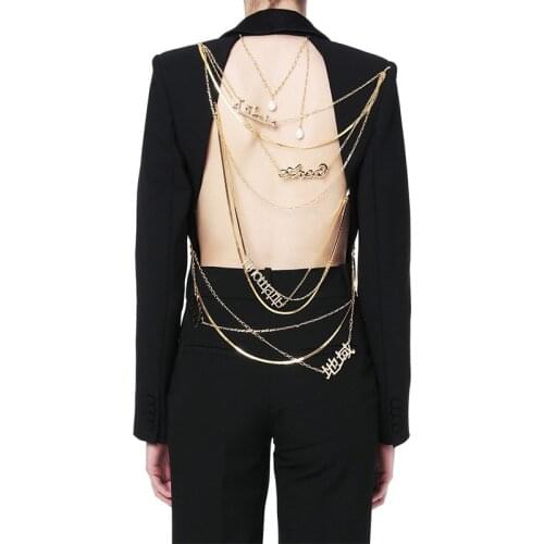 Sexy Backless Blazer Women HIGH QUALITY 2021 Hollow Stitching Irregular Metal Chain Black Fashion Blazers Jackets Suit Female