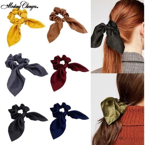 Fashion Women Girls Rabbit Ear Shape Scrunchie Bowknots Silk Fabric Ponytail Holder Elastic HairBands Hair Accessories Hair rope