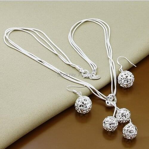Silver Necklace + Earrings Set jewelry, hollow ball pendant necklaces sets, Wholesale Wedding Silver Jewelry