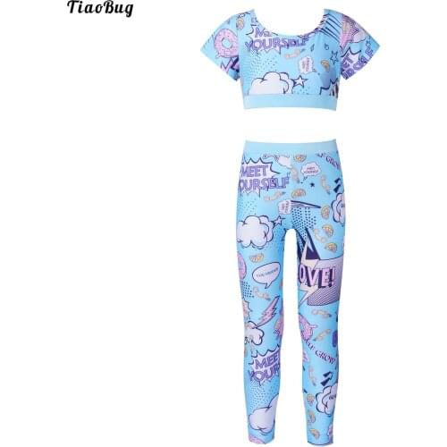 TiaoBug 2Pcs Kids Girls Sport Suit Round Neck Short Sleeves Keyhole Back Crop Tops And High Waist Pants Set For Running Gym Yoga