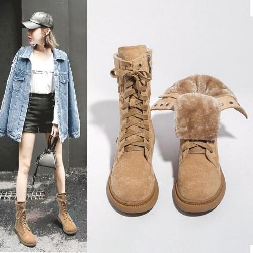 Keep Warm In Autumn and Winter Womens Boots Plus Velvet Snow British Wind Wild Women Martin Boots Lace-up Tube