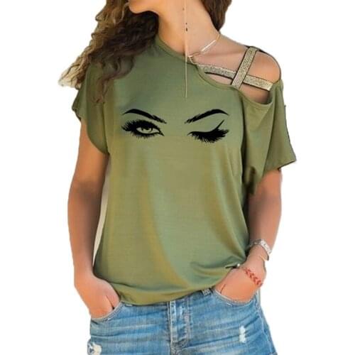 New Pretty eyelashes big eyes for Girl T Shirt Women Short Sleeve Summer Tops Casual Irregular Skew Cross Bandage Tshirt