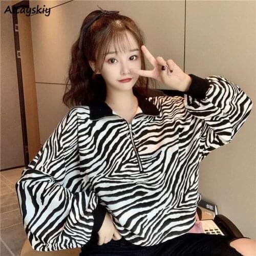 Hoodies Womens Loose Turn Down Collar Zipper Casual Sweatshirts Thicken Autumn Streetwear Retro Zebra Printed Korean Style Chic